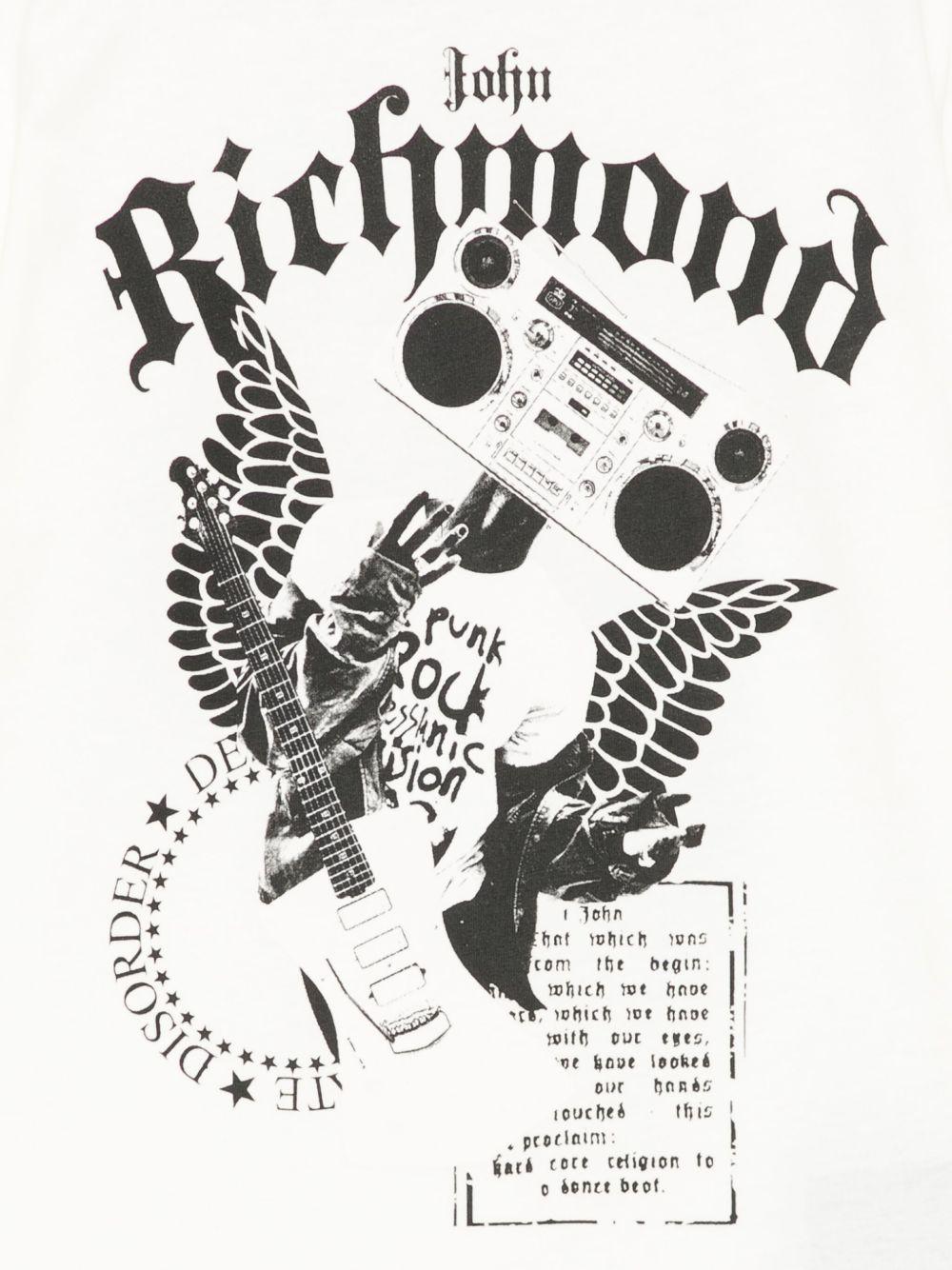 T-shirt per bambino John Richmond Junior bianco con stampa grafica e targhetta con logo - Rubino Kids