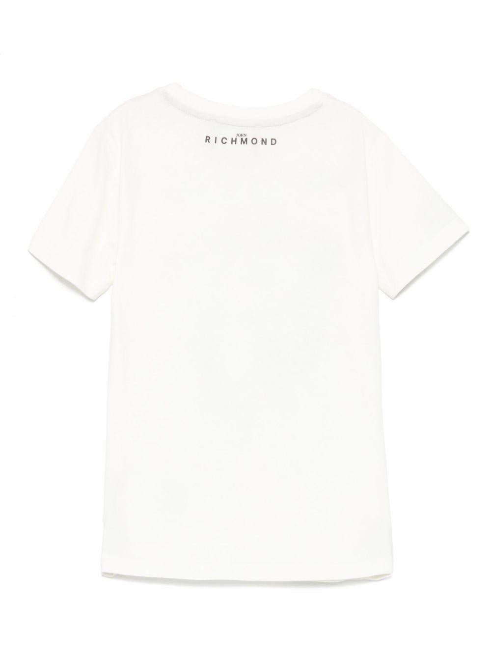 T-shirt per bambino John Richmond Junior bianco con stampa grafica e targhetta con logo - Rubino Kids