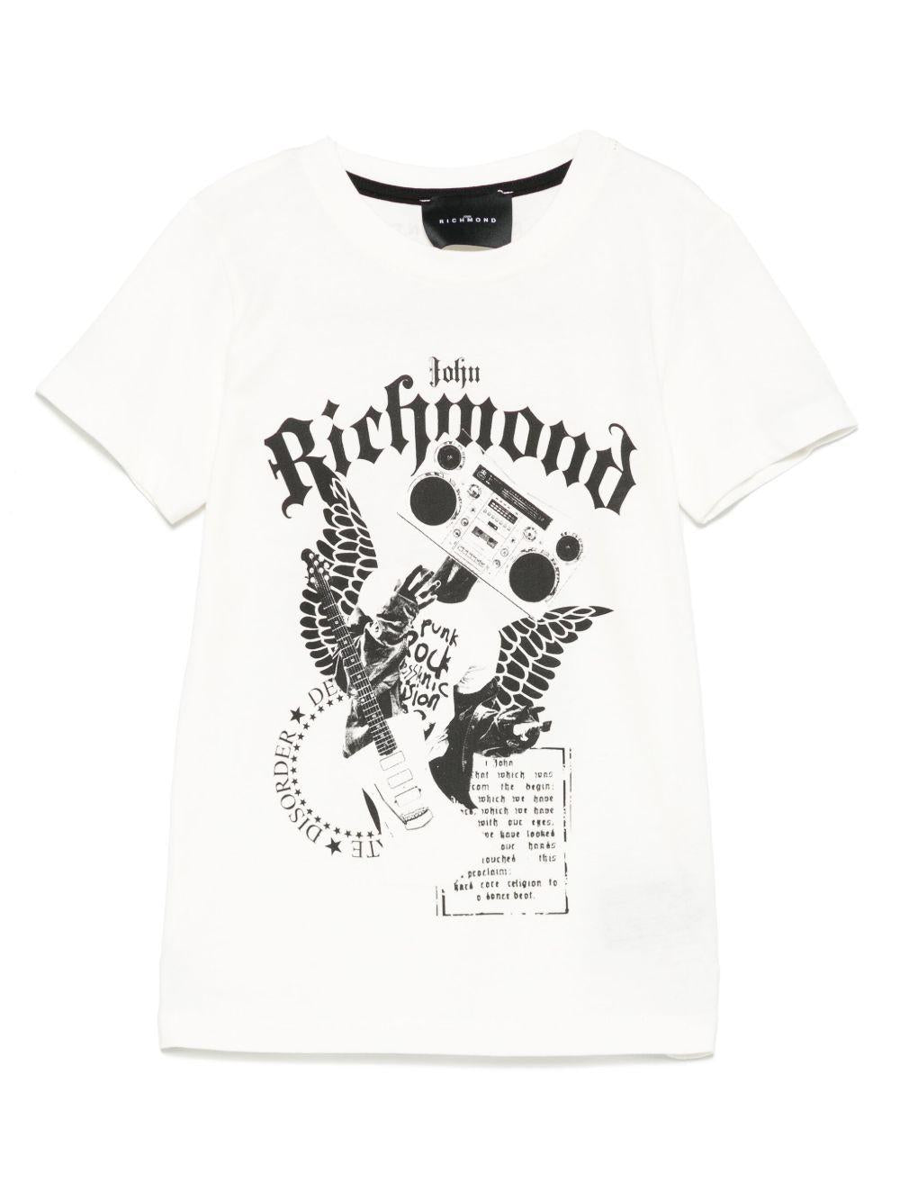 T-shirt per bambino John Richmond Junior bianco con stampa grafica e targhetta con logo - Rubino Kids