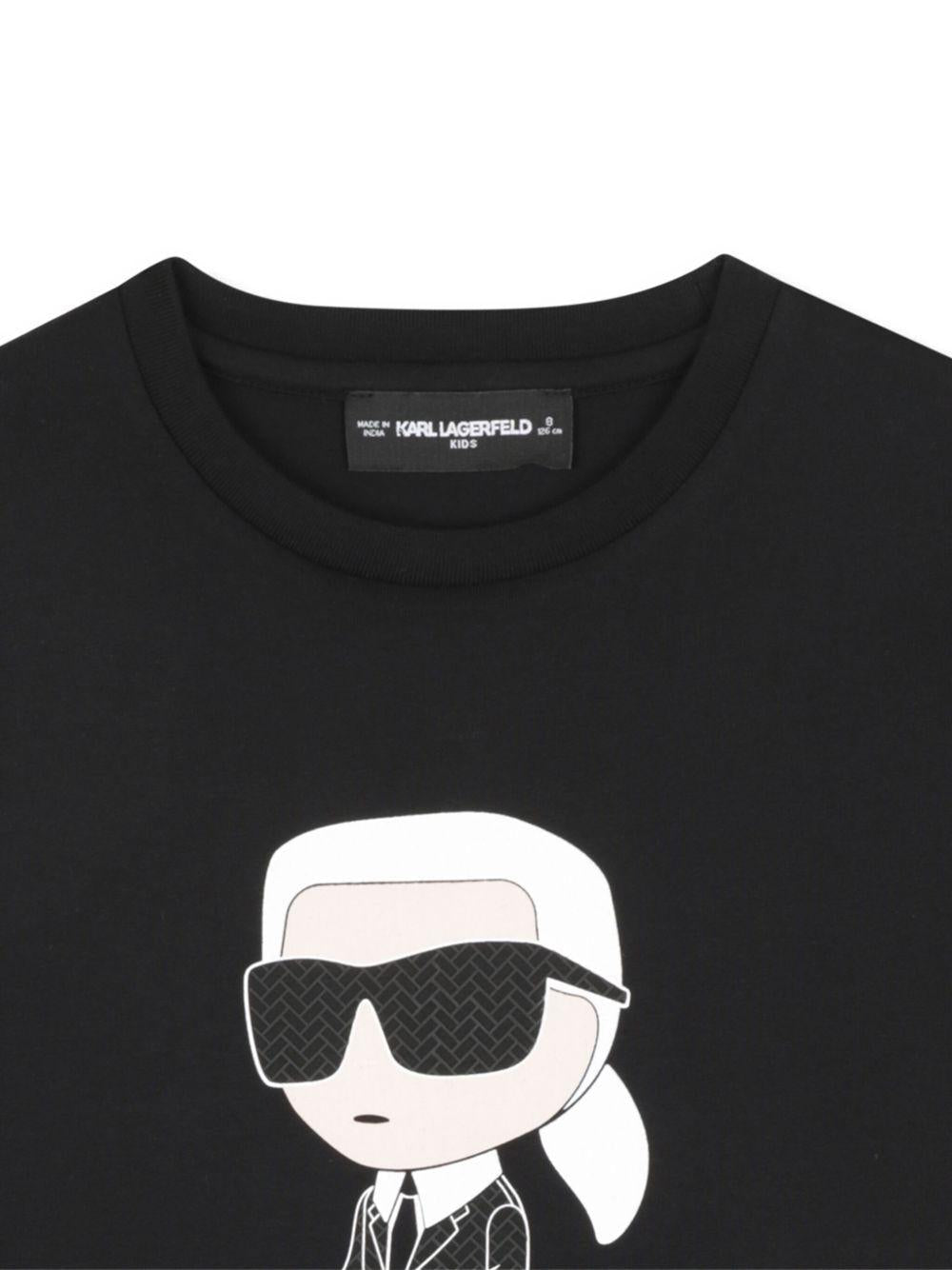 T-shirt per bambino Karl Lagerfeld Kids nera con stampa Ikonik Karl e dettagli con logo sulla pelle - Rubino Kids