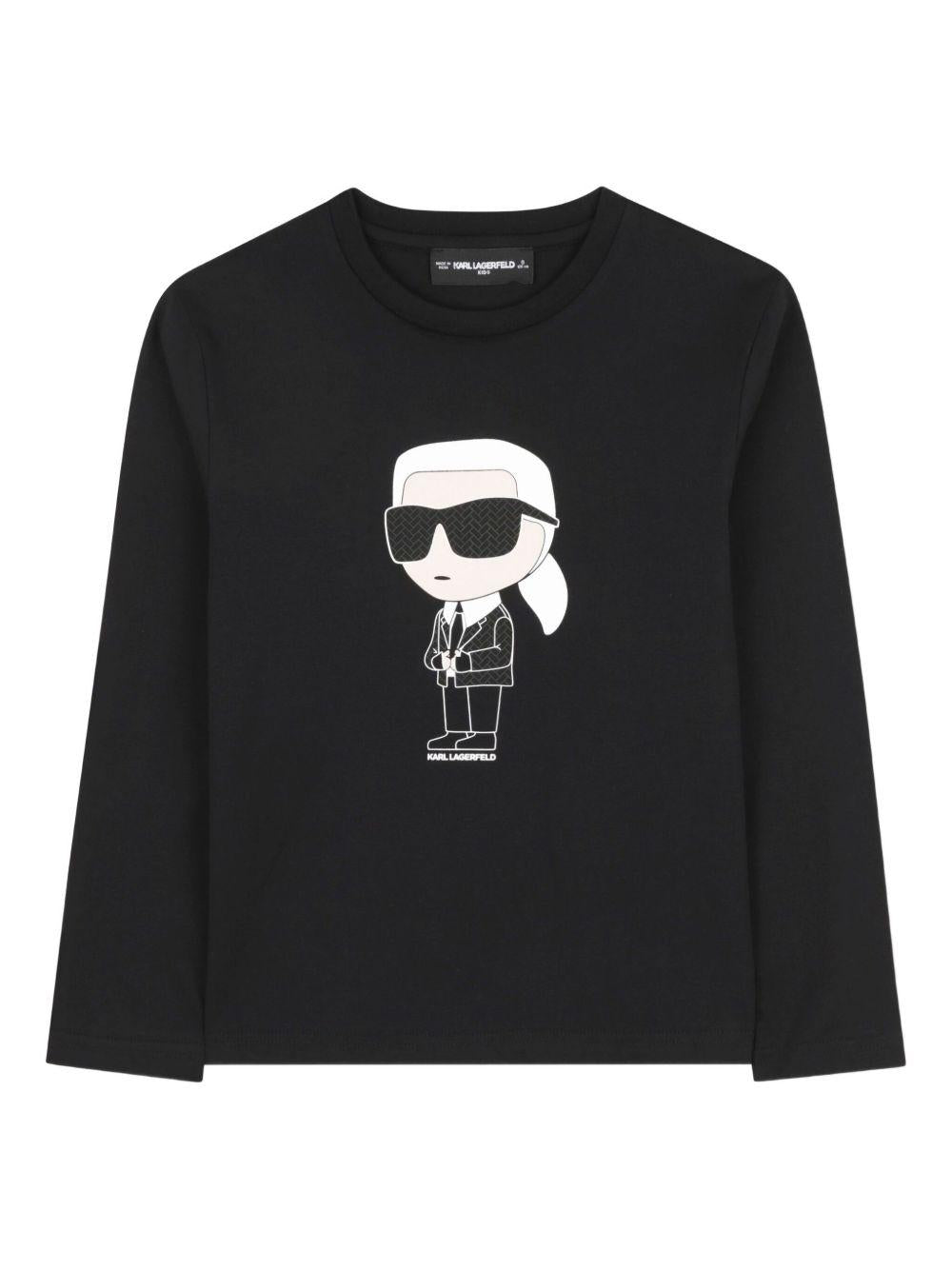 T-shirt per bambino Karl Lagerfeld Kids nera con stampa Ikonik Karl e dettagli con logo sulla pelle - Rubino Kids
