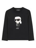 T-shirt per bambino Karl Lagerfeld Kids nera con stampa Ikonik Karl e dettagli con logo sulla pelle - Rubino Kids