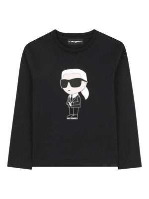 T-shirt per bambino Karl Lagerfeld Kids nera con stampa Ikonik Karl e dettagli con logo sulla pelle