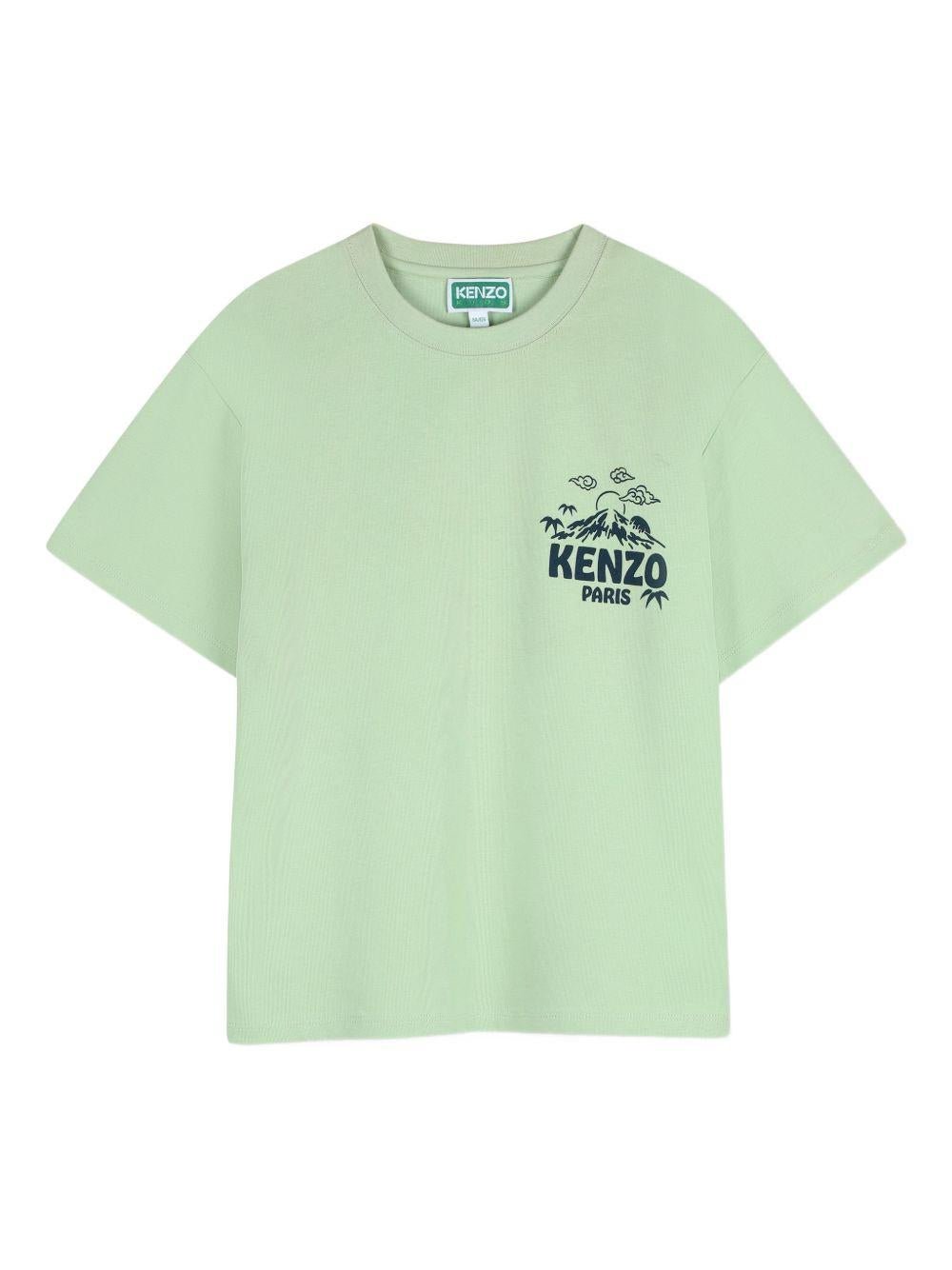 T-shirt per bambino Kenzo Kids verde con stampa logo sul petto - Rubino Kids
