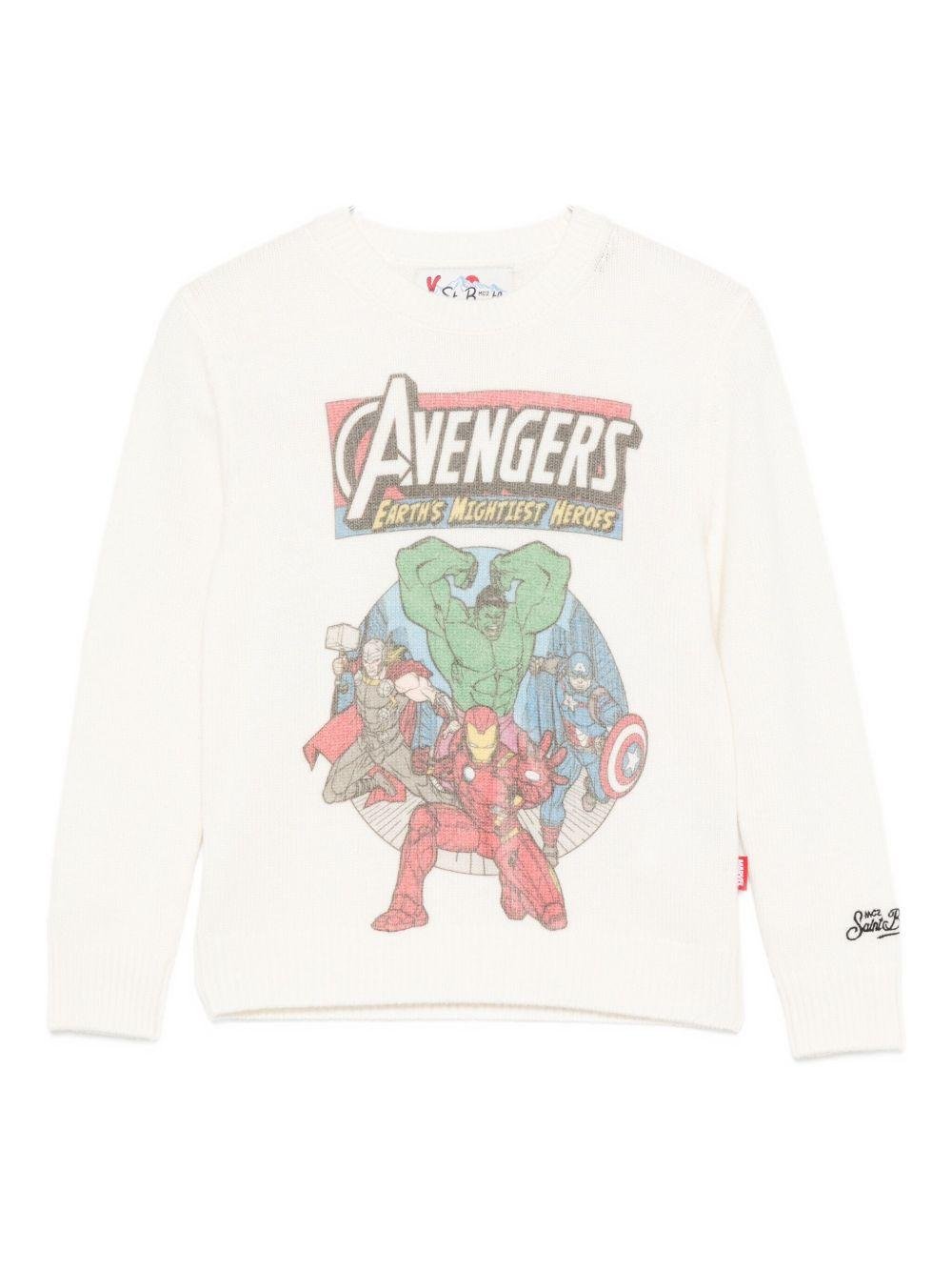 T-shirt per bambino MC2 Saint Barth Kids x Marvel bianca con stampa grafica Avengers - Rubino Kids