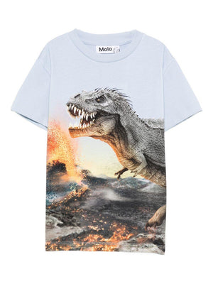 Molo boys' light blue T-shirt with dinosaur and volcano print