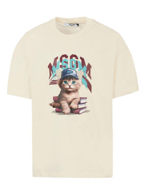 T-shirt per bambino MSGM Kids beige con stampa grafica gatto