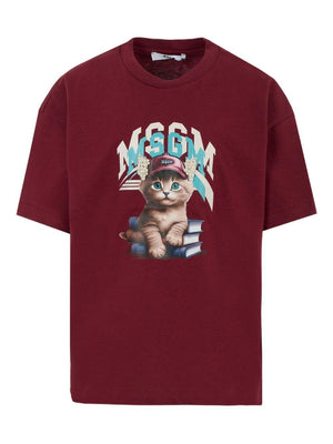 T-shirt per bambino MSGM Kids bordeaux con stampa grafica gatto