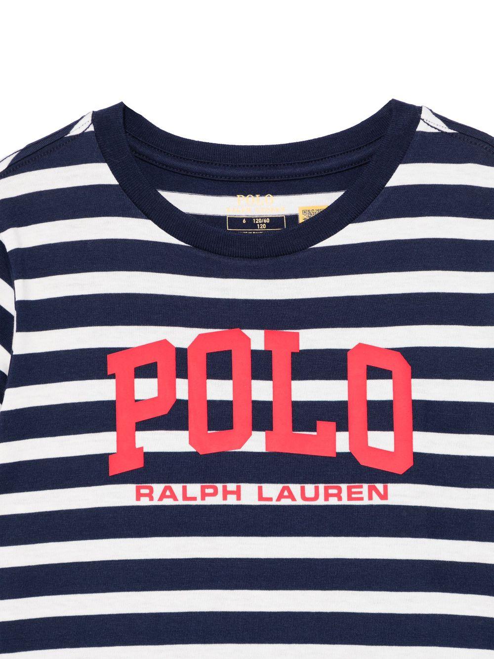 T-shirt per bambino Polo Ralph Lauren Kids blu a righe con stampa con logo frontale - Rubino Kids