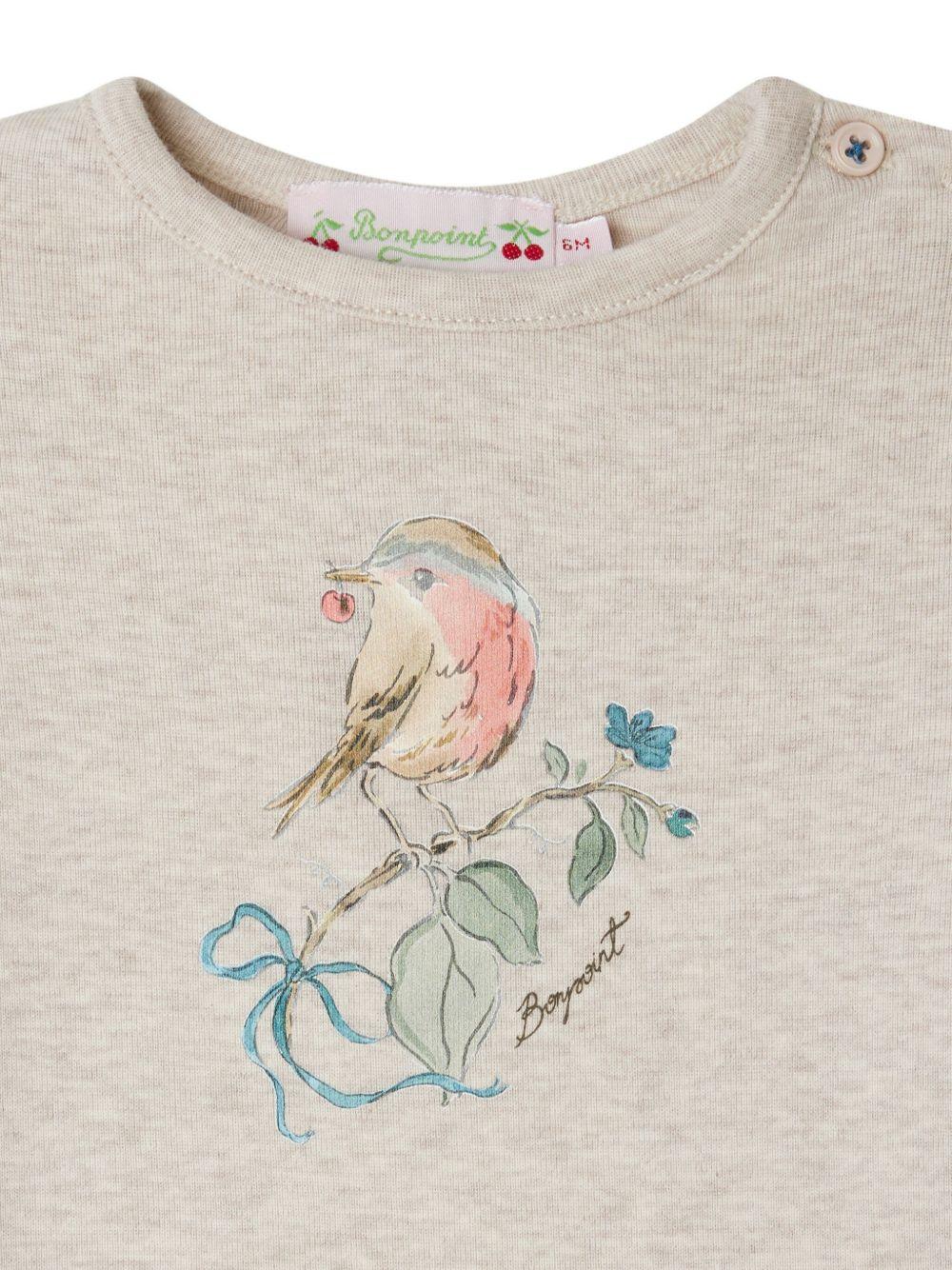 T-shirt per neonata Bonpoint beige con stampa uccellino e scollo rotondo - Rubino Kids