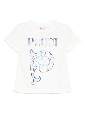 Emilio Pucci Junior white short-sleeved T-shirt for baby girls with decorated logo
