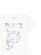 T-shirt per neonata Emilio Pucci Junior bianco a maniche corte con logo decorato - Rubino Kids