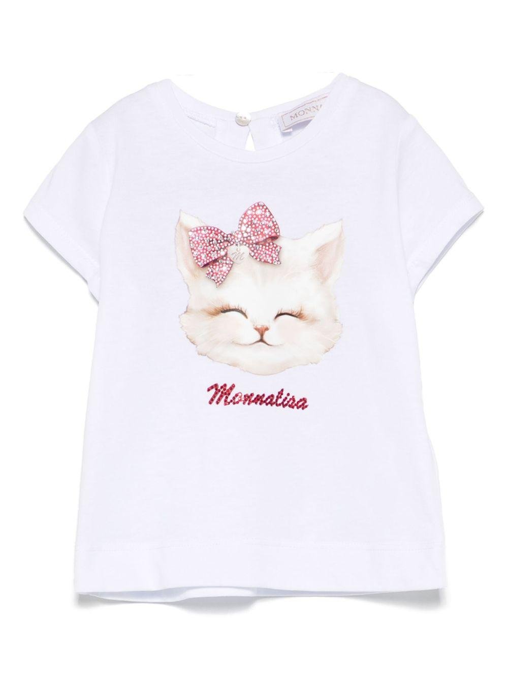 T-shirt per neonata Monnalisa bianco con stampa e decorazione con strass - Rubino Kids