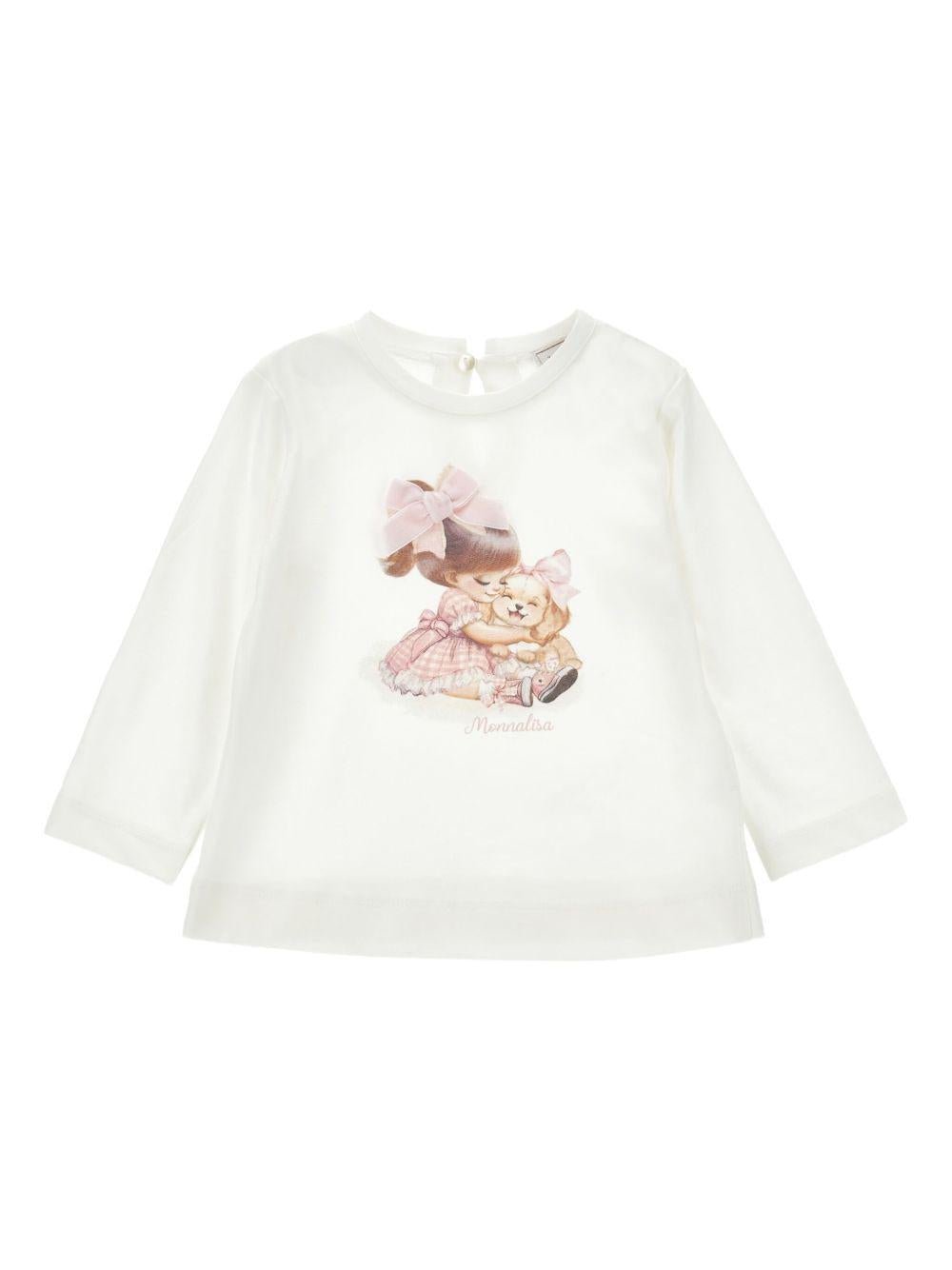 T-shirt per neonata Monnalisa bianco in cotone con stampa sul davanti - Rubino Kids