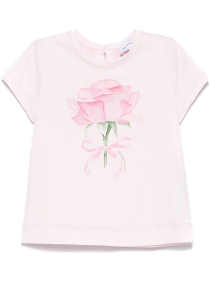 T-shirt per neonata Monnalisa rosa con stampa con rose sul davanti