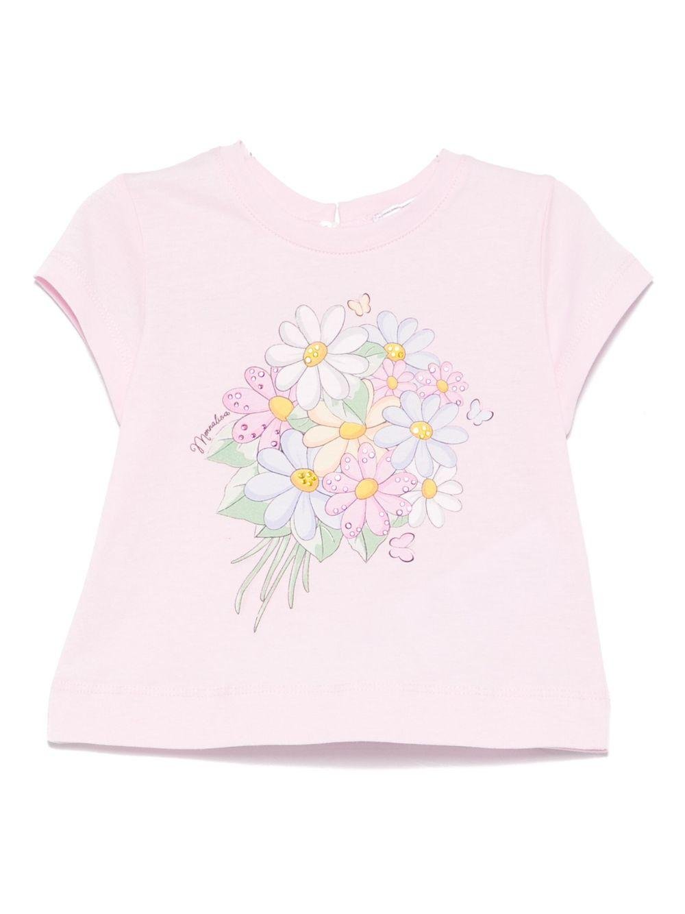 T-shirt per neonata Monnalisa rosa in jersey con stampa bouquet - Rubino Kids