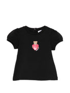 T-shirt per neonata Moschino Kids nera con stampa Teddy Bear con cuore - Rubino Kids