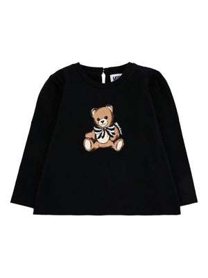 T-shirt per neonata Moschino Kids nero a maniche lunghe con stampa Teddy Bear