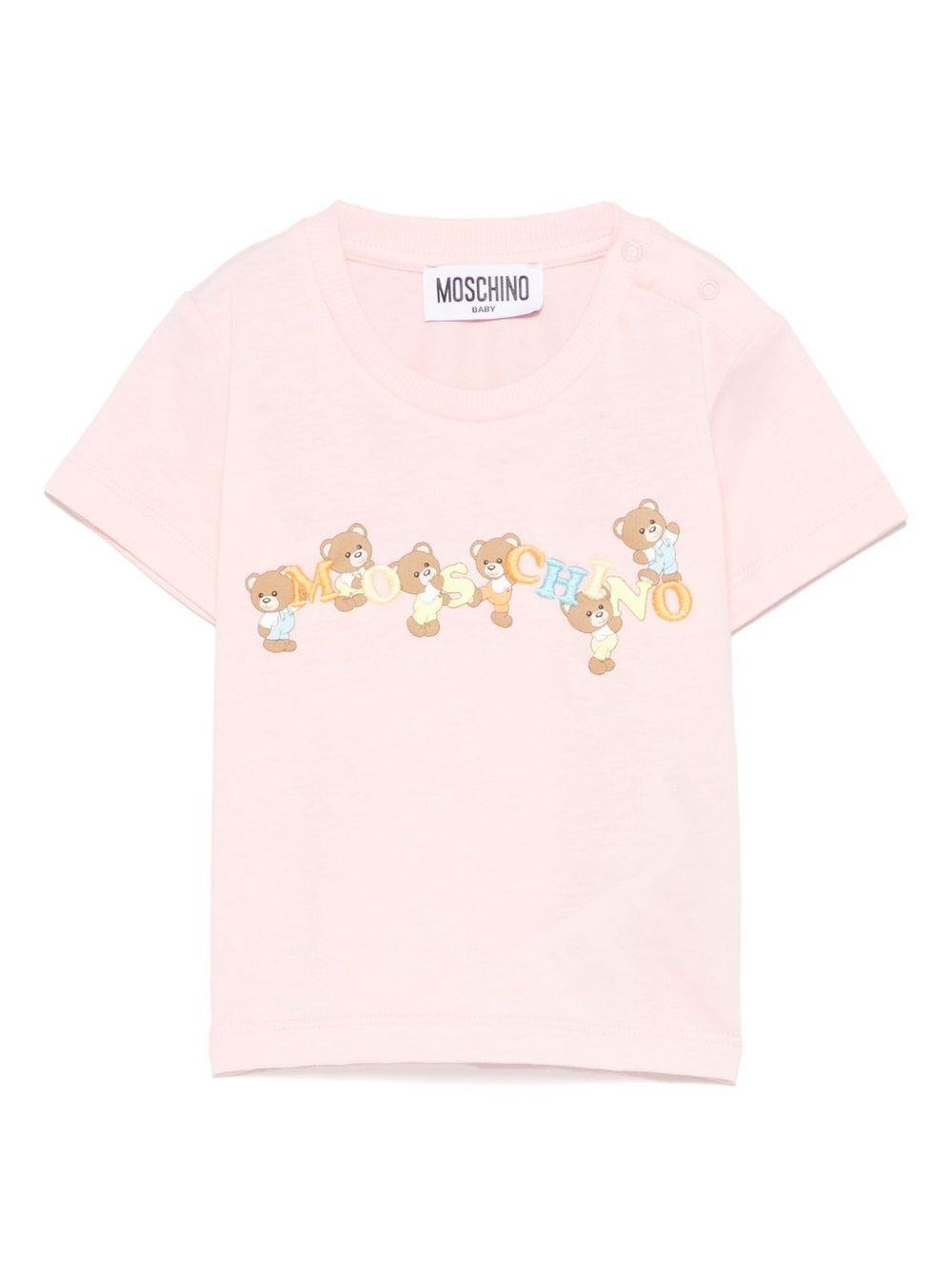 T-shirt per neonata Moschino Kids rosa con logo Teddy Bear ricamato - Rubino Kids