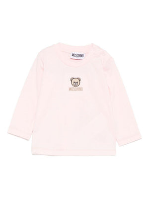 T-shirt per neonata Moschino Kids rosa con orsetto ricamato