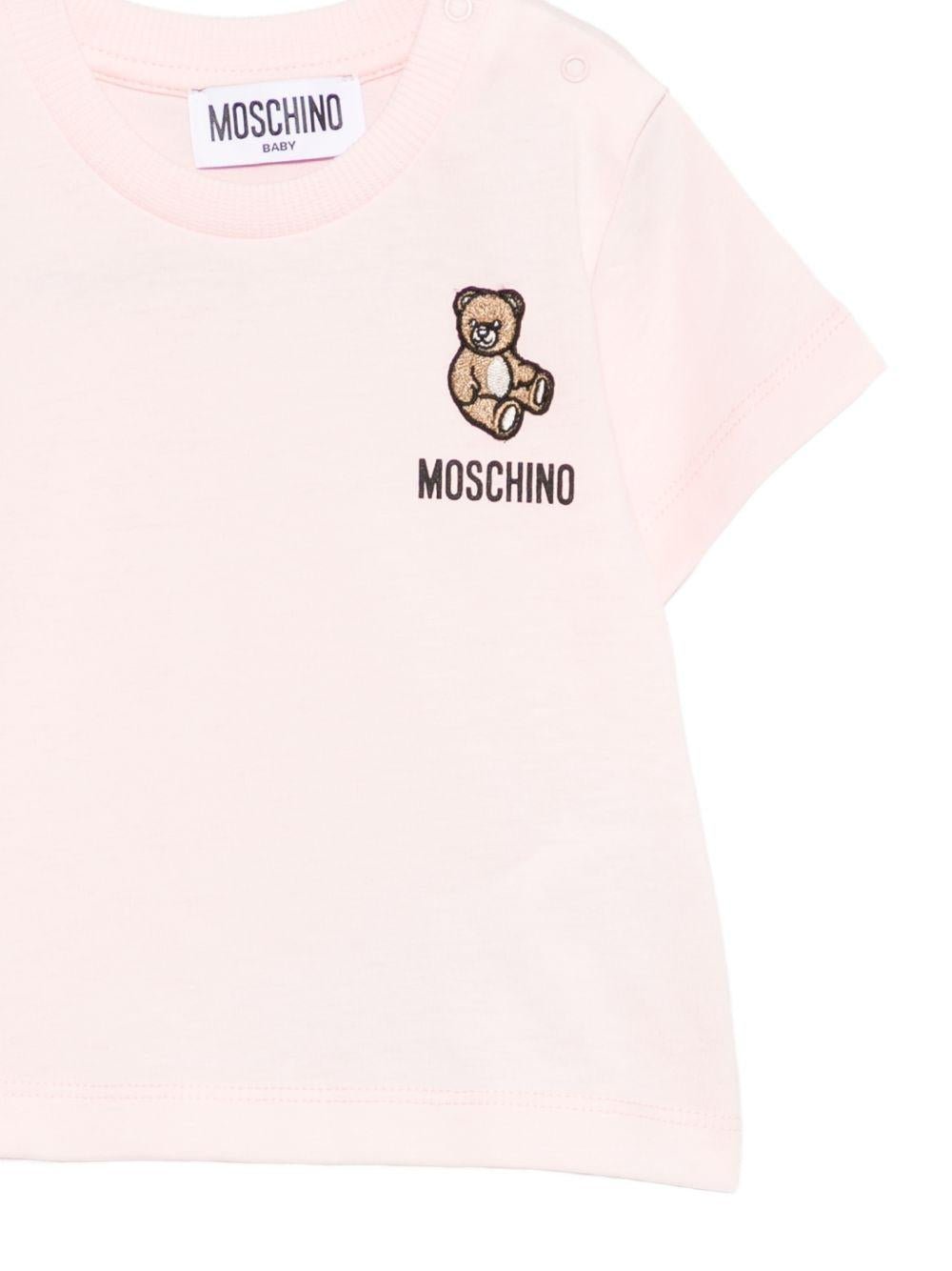 T-shirt per neonata Moschino Kids rosa con ricamo orsetto - Rubino Kids
