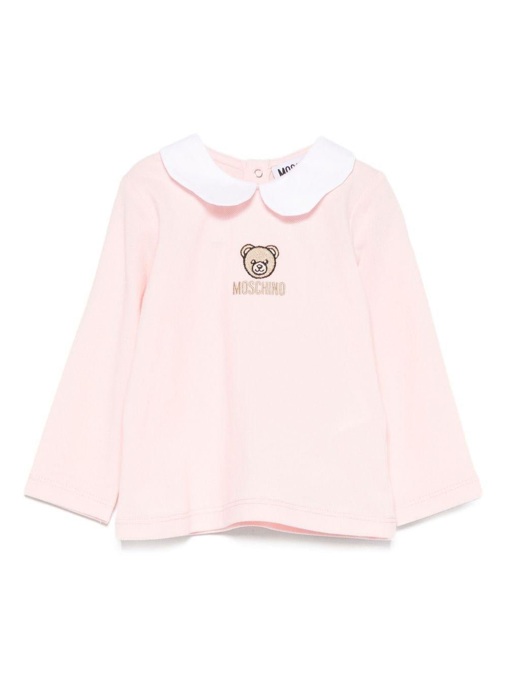T-shirt per neonata Moschino Kids rosa con ricamo orsetto - Rubino Kids