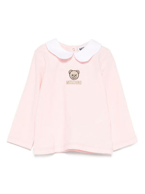 Moschino Kids pink baby girl T-shirt with teddy bear embroidery