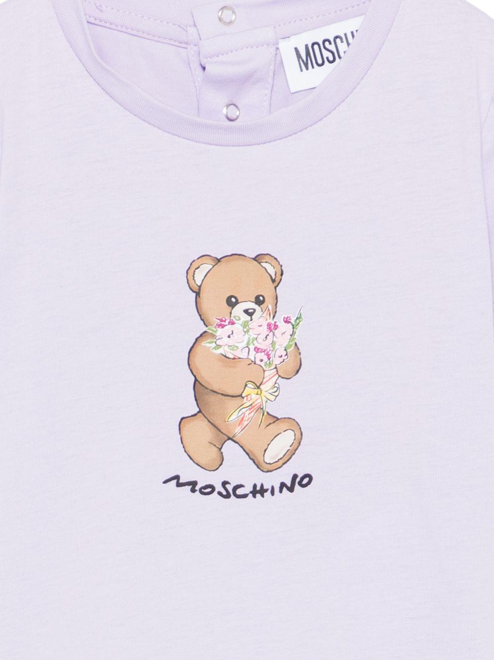 T-shirt per neonata Moschino Kids viola con stampa Teddy con mazzo di fiori - Rubino Kids