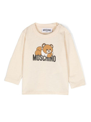 Moschino Kids beige long-sleeved T-shirt for babies with logo print