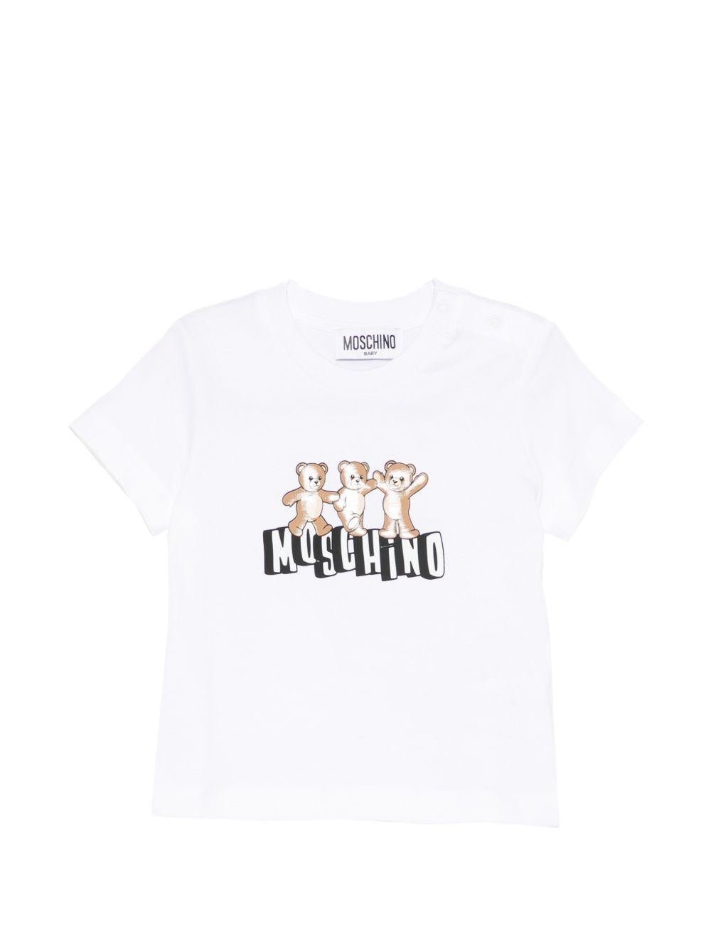 T-shirt per neonati Moschino Kids bianca con stampa tre Teddy Bear - Rubino Kids