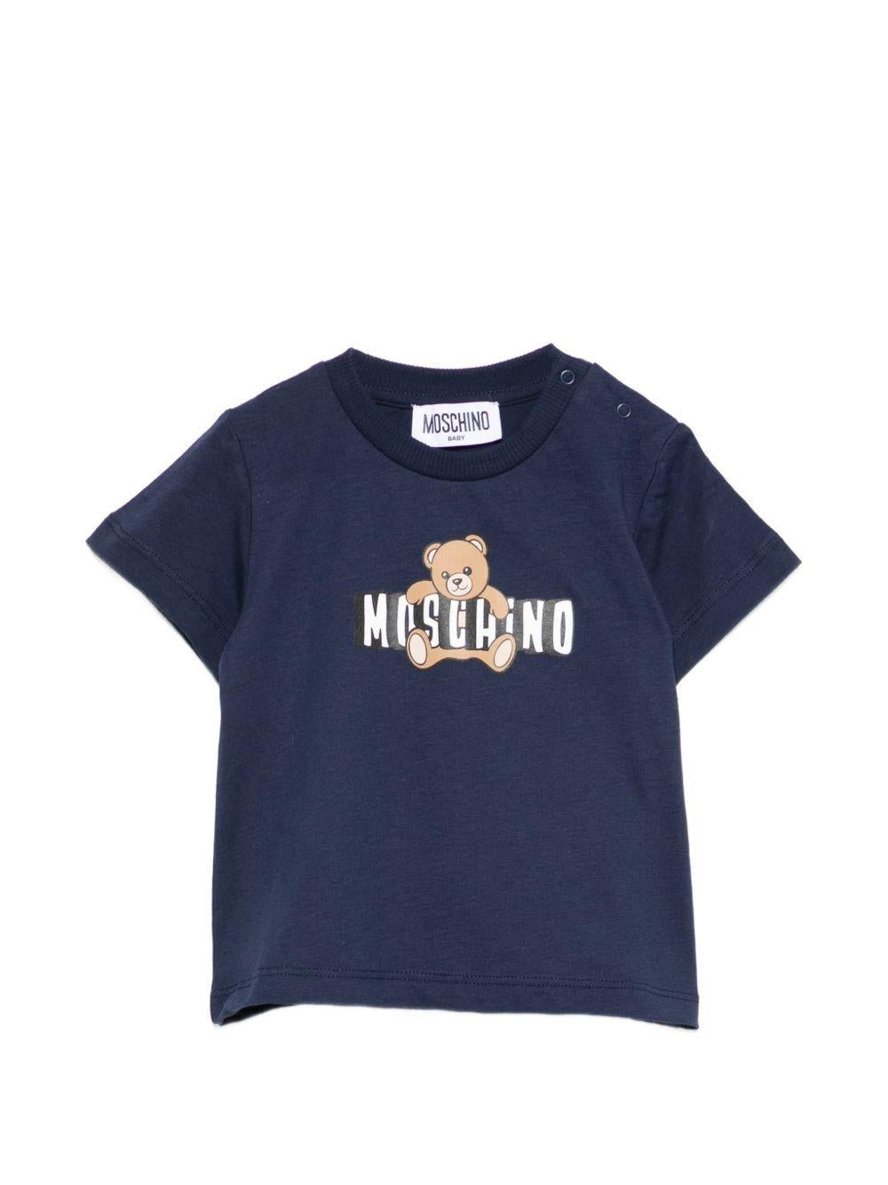 T-shirt per neonati Moschino Kids blu con logo sul davanti - Rubino Kids