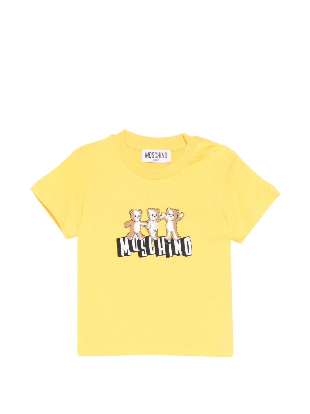 T-shirt per neonati Moschino Kids gialla con stampa grafica con tre Teddy Bear - Rubino Kids