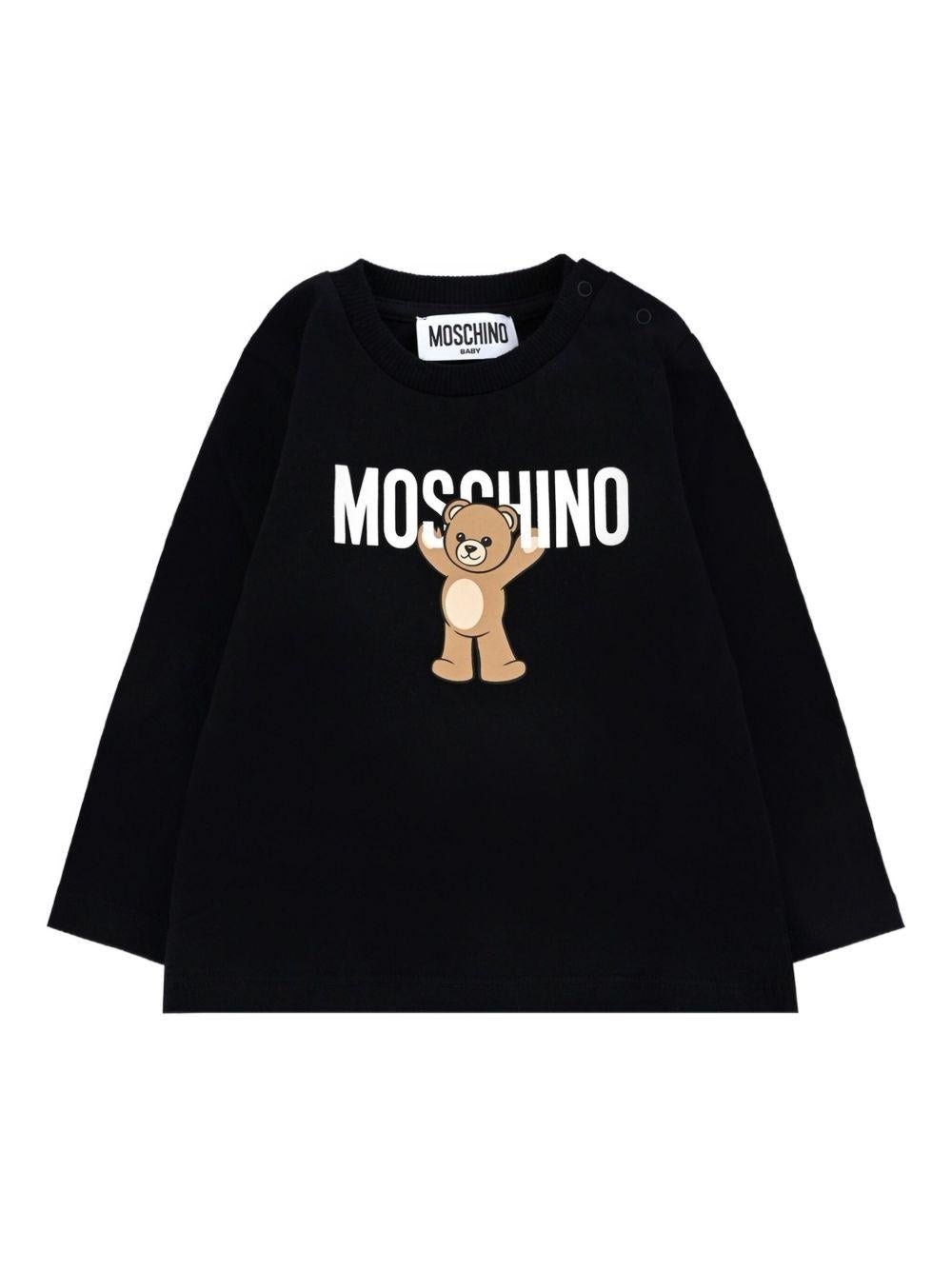 T-shirt per neonati Moschino Kids nero a maniche lunghe con stampa teddy - Rubino Kids