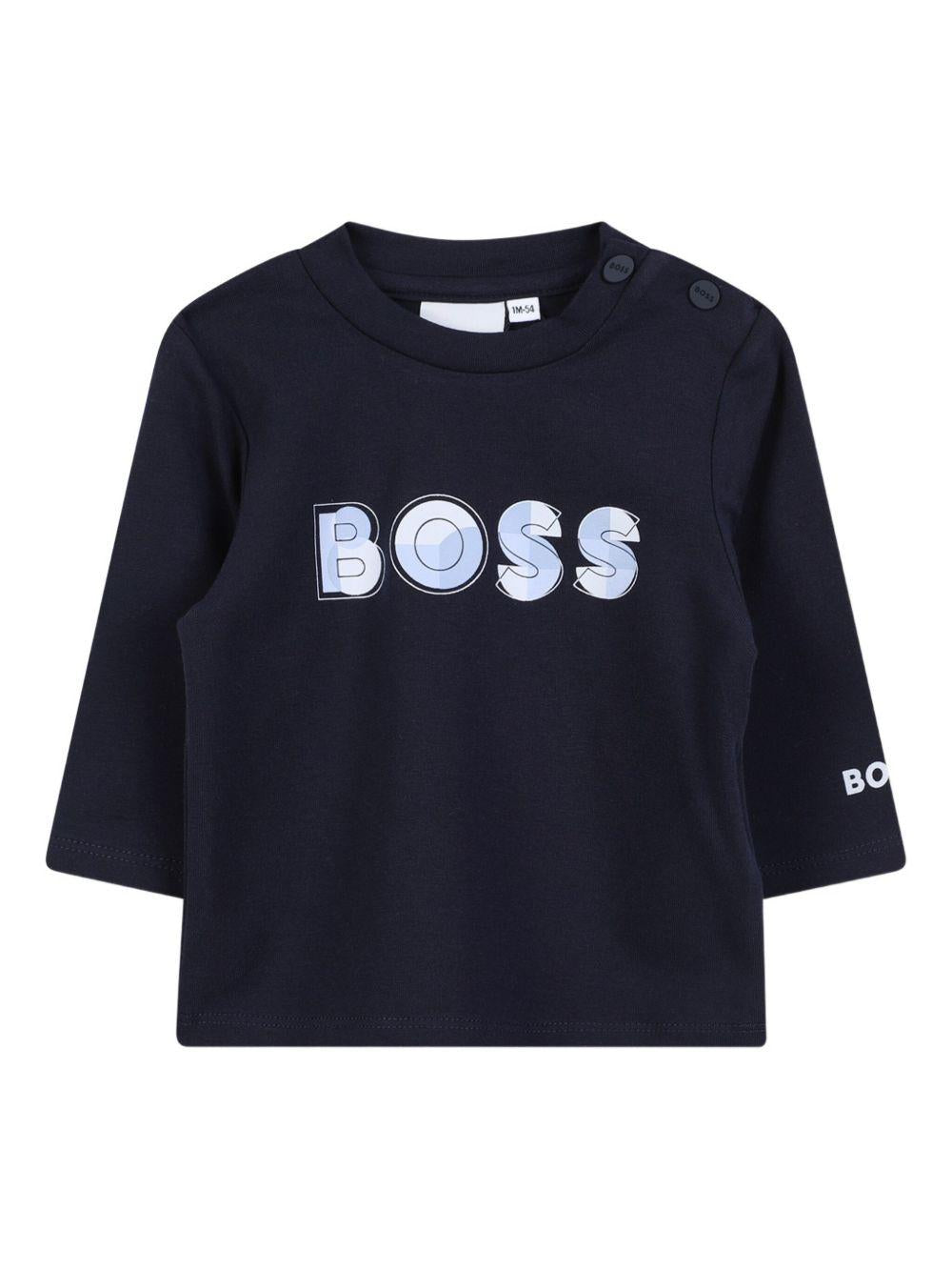T-shirt per neonato Boss Kids blu con stampa sul logo sul davanti - Rubino Kids