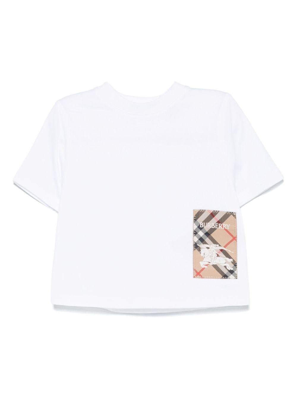 T-shirt per neonato Burberry Kids bianco in cotone con toppa con logo sul davanti - Rubino Kids