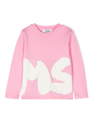 T-shirt rosa per bambina a maniche lunghe con stampa bianca MSGM maxi