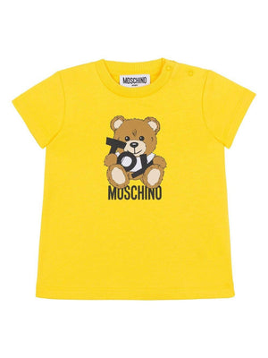 Moschino Kids yellow Teddy Bear T-shirt for baby girls with straight hem