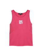 Top per bambina DKNY Kids fucsia con stampa logo sul davanti - Rubino Kids