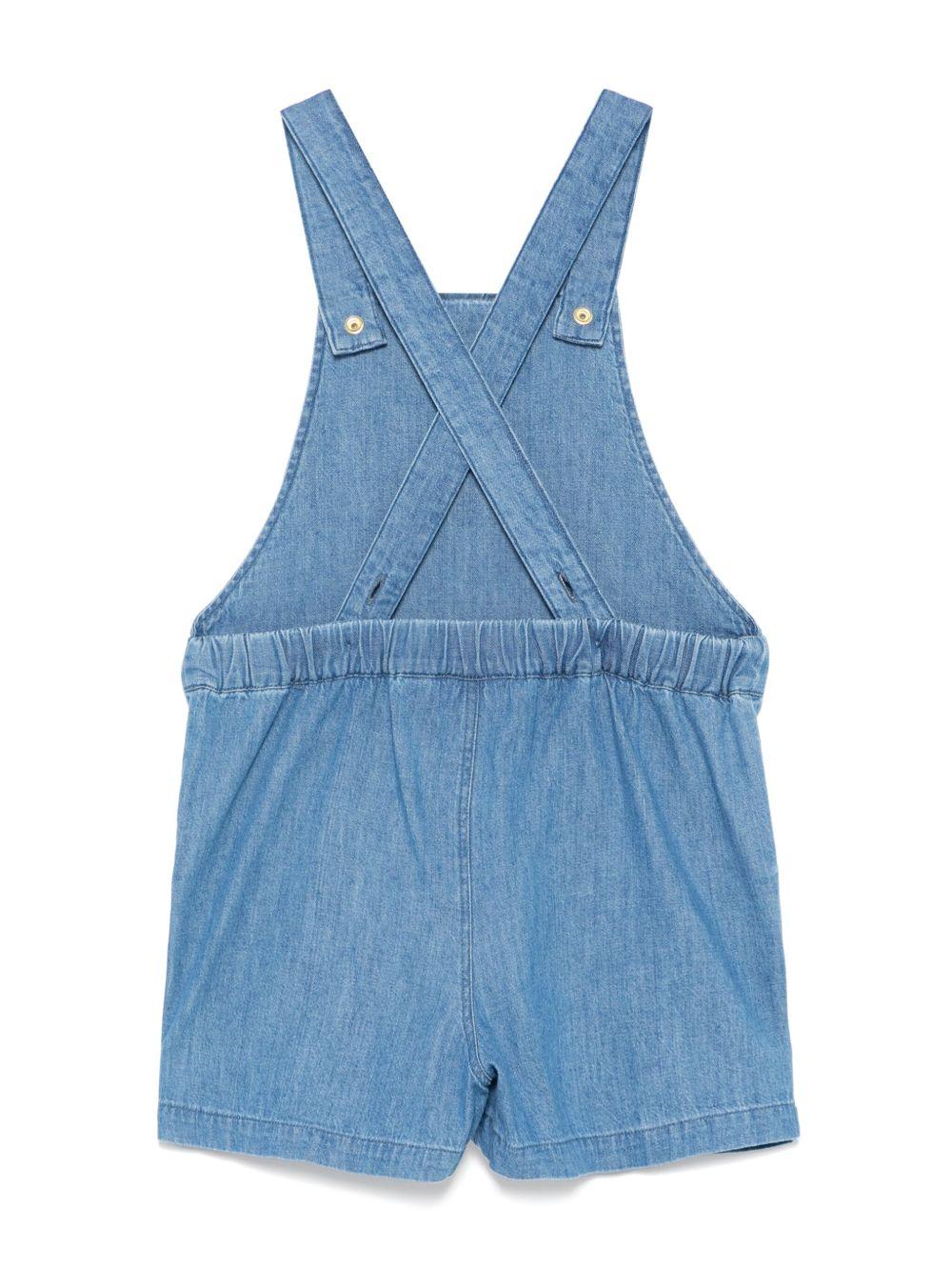 Tuta corta per bambina in denim con ricamo e due tasche diagonali laterali - Rubino Kids