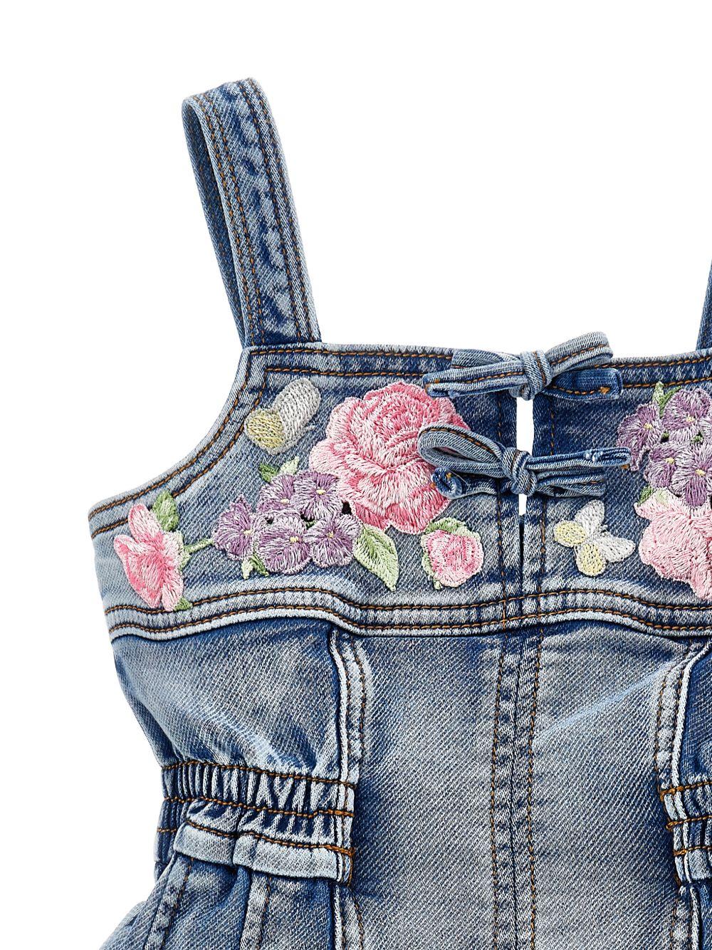 Tuta corta per bambina Monnalisa in denim con ricamo floreale - Rubino Kids