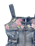 Tuta corta per bambina Monnalisa in denim con ricamo floreale - Rubino Kids