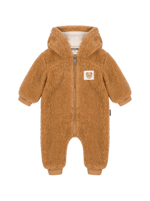 Moschino Kids brown baby jumpsuit with bear ears hood