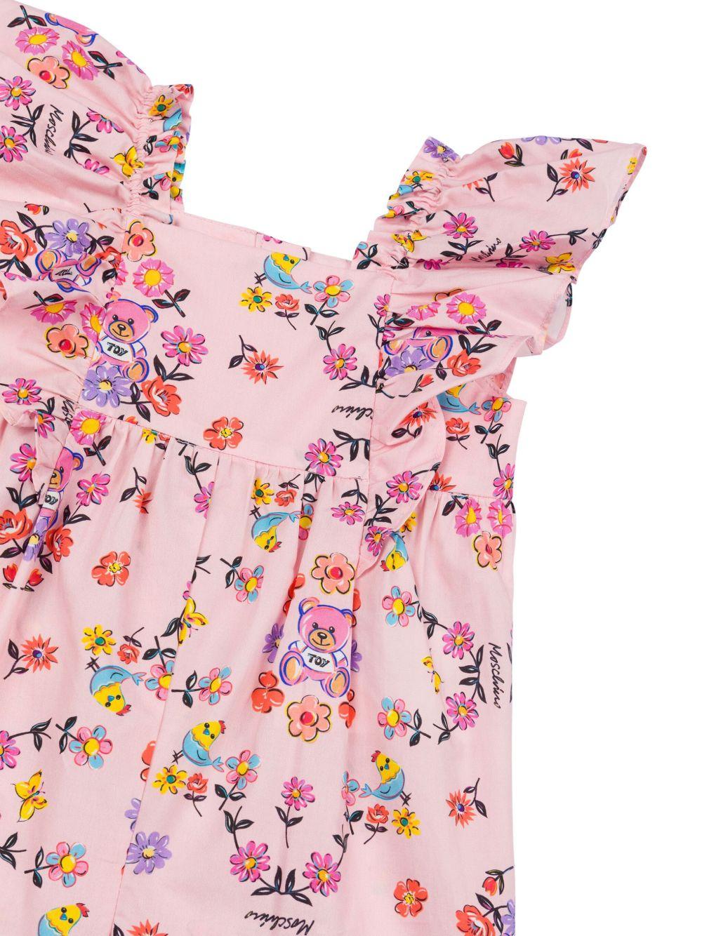 Tutina a fiori per neonata Moschino Kids rosa con scollo quadrato - Rubino Kids