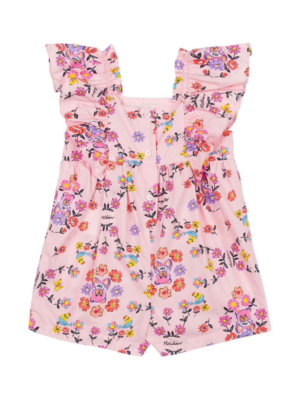 Tutina a fiori per neonata Moschino Kids rosa con scollo quadrato - Rubino Kids