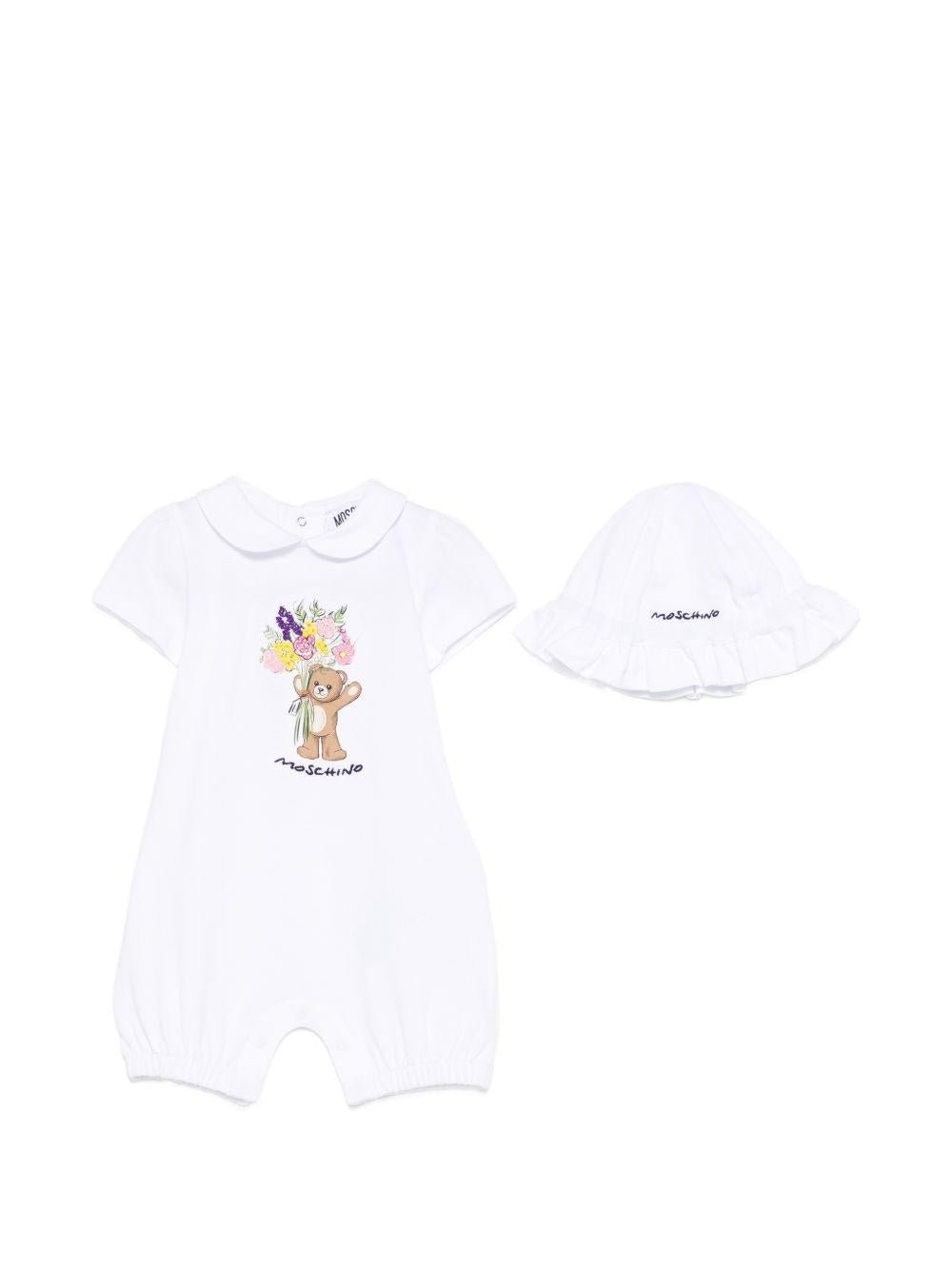 Tutina e cappellino per neonata Moschino Kids bianchi con stampa Bear - Rubino Kids
