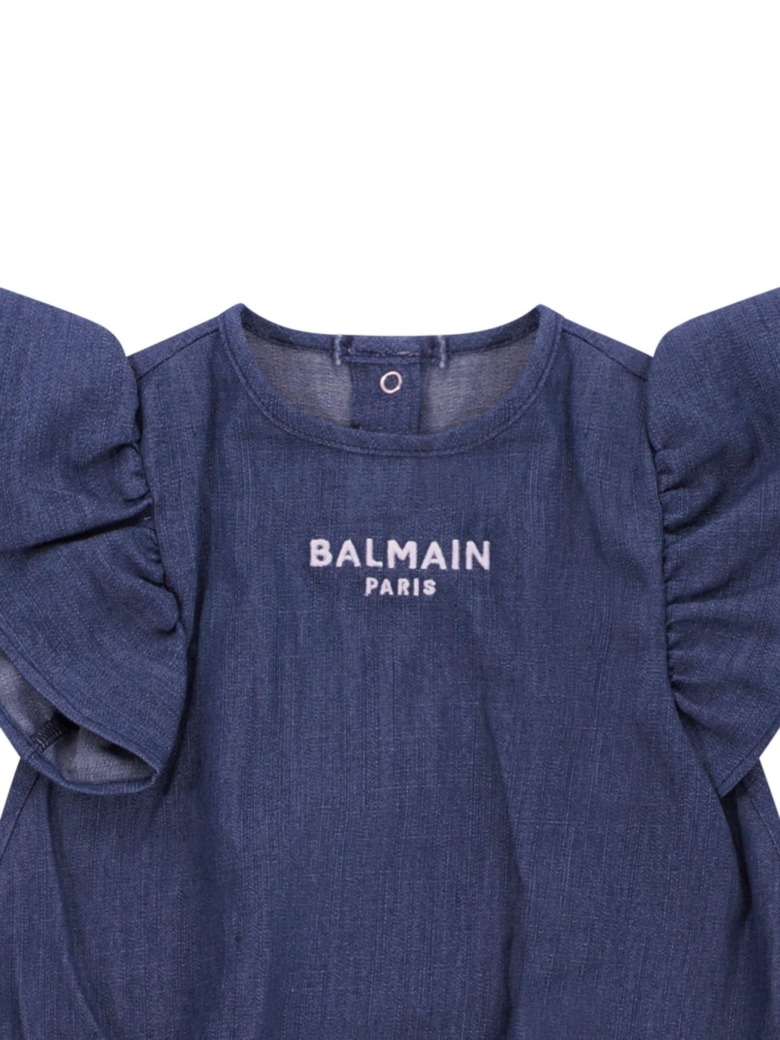 Tutina per neonata Balmain Kids denim con maniche a ruches - Rubino Kids