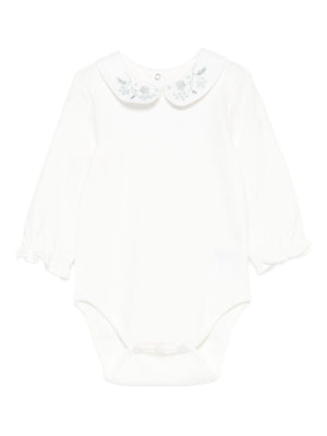 Tartine Et Chocolate baby girl's white romper with blue floral embroidery